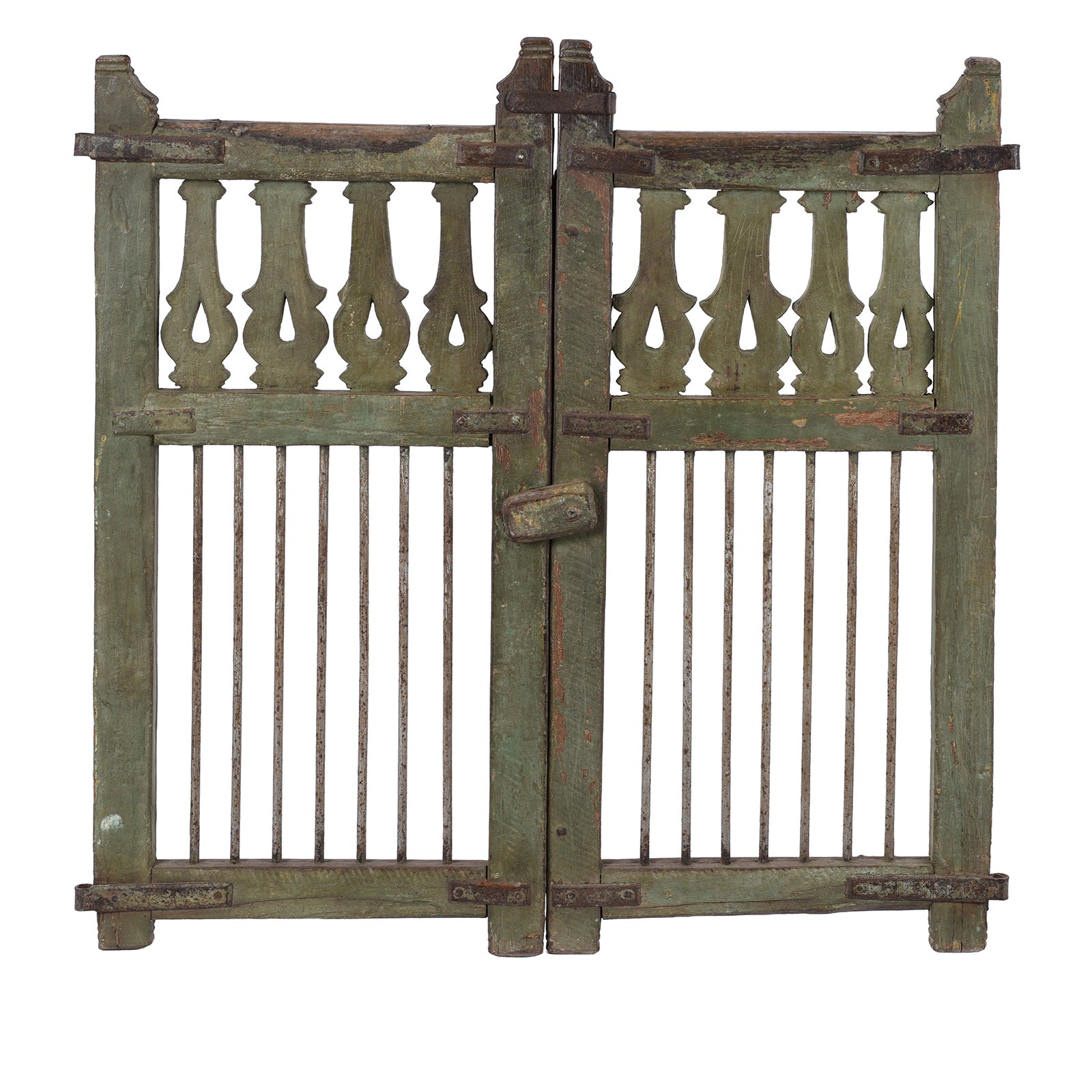 Green Painted Teak Dog Gate From Gujarat - 19th Century