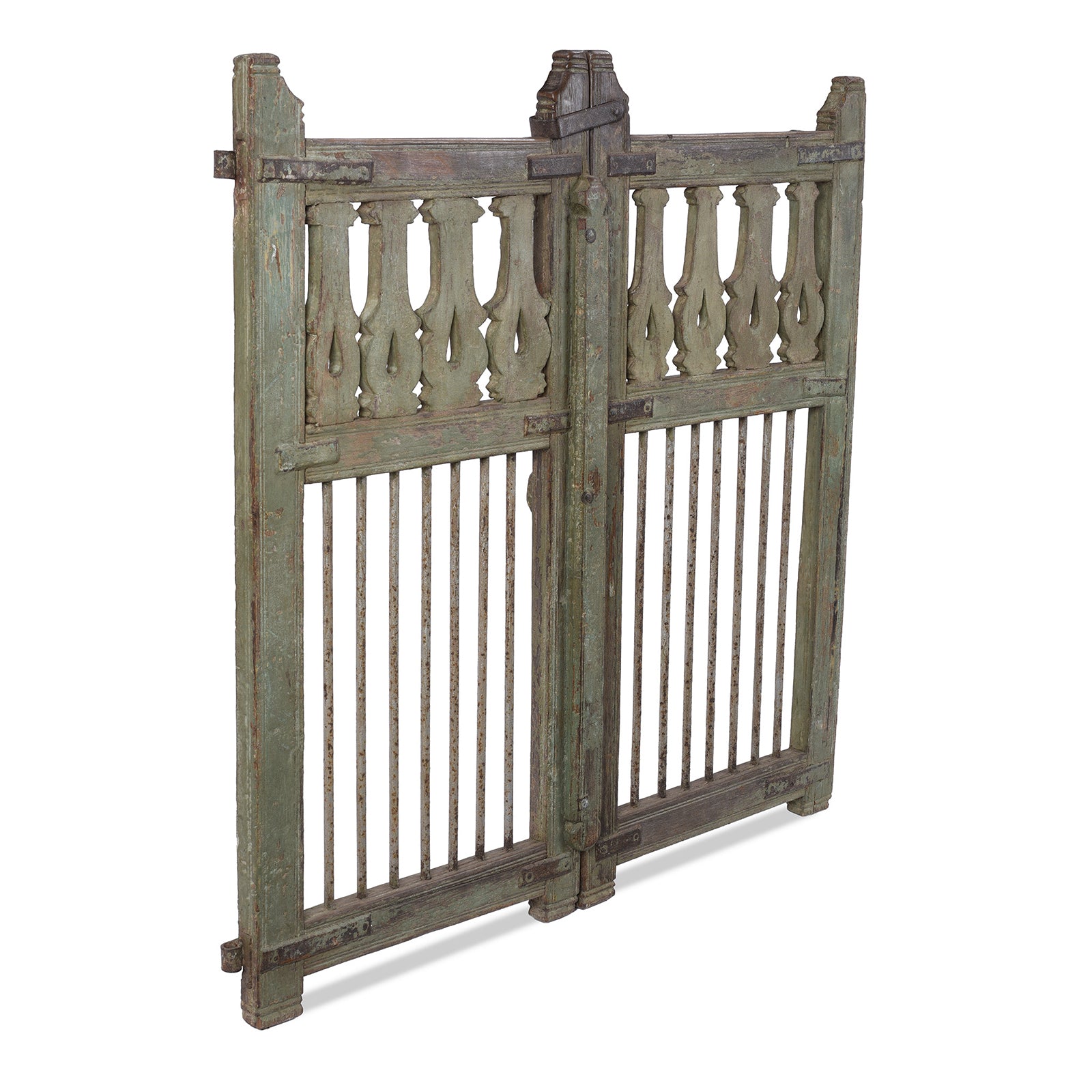 Green Painted Teak Dog Gate From Gujarat - 19th Century