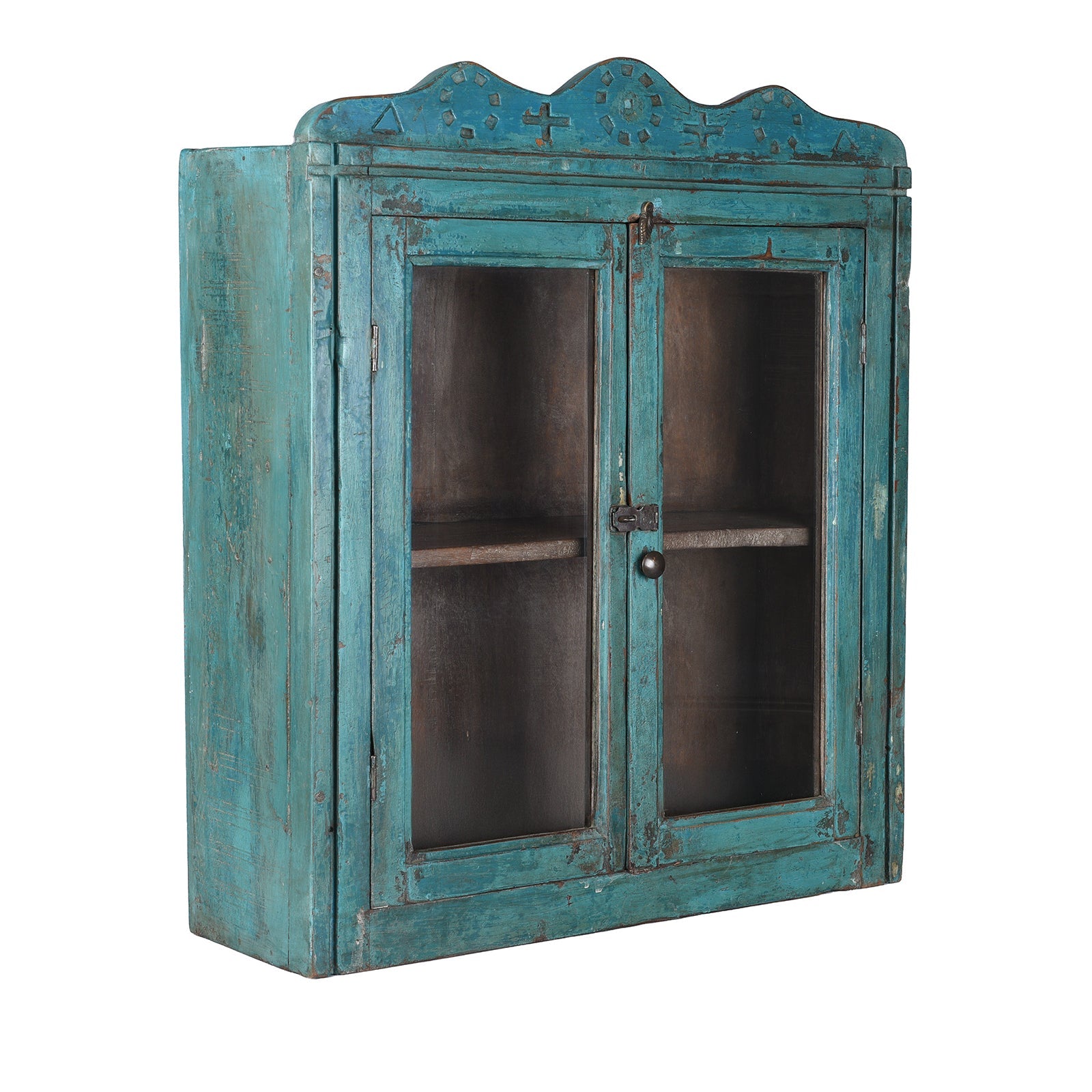 Blue Painted Teak Glazed Wall Cabinet - Ca 1930