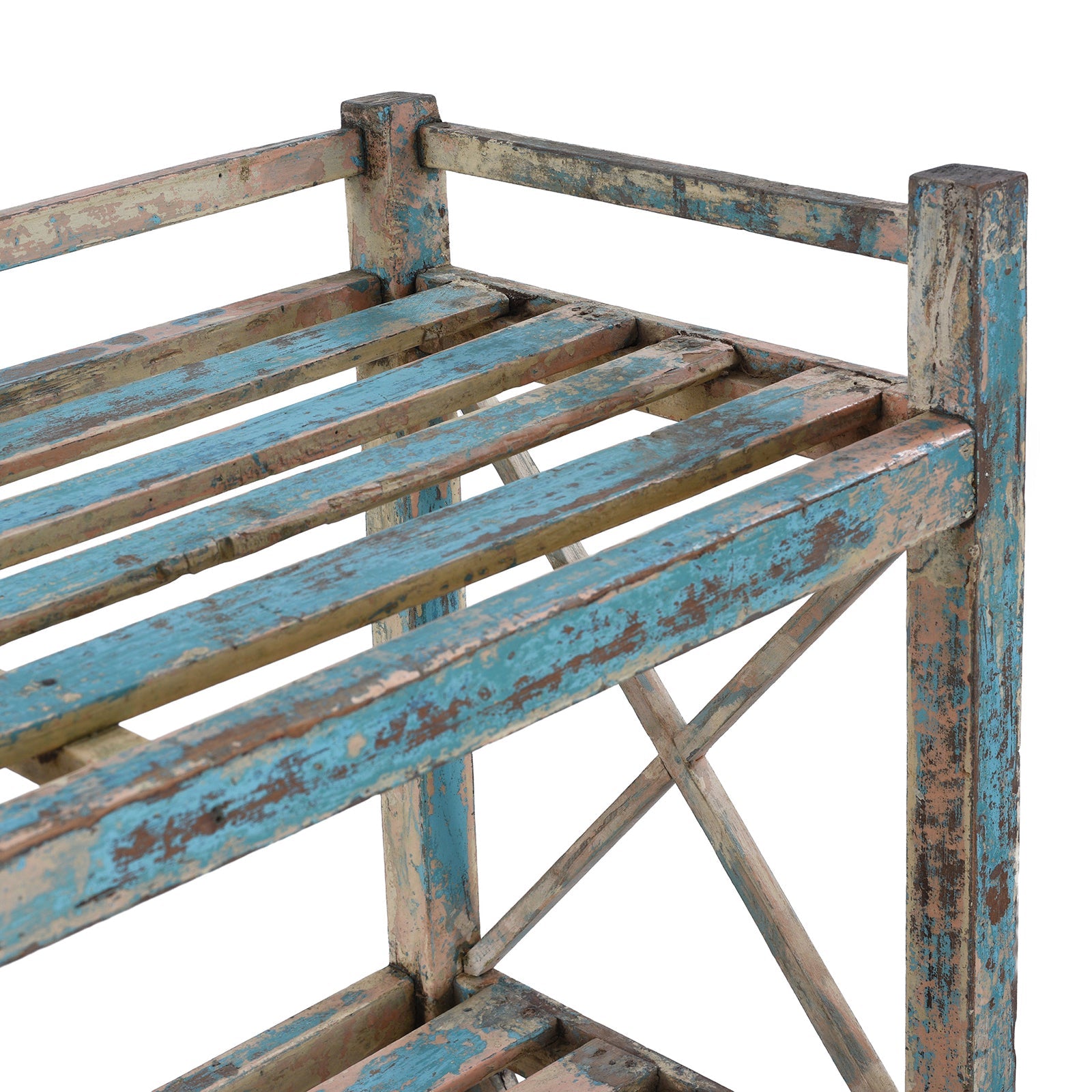 Blue Painted Slatted Shelf From Rajasthan - Ca 1930