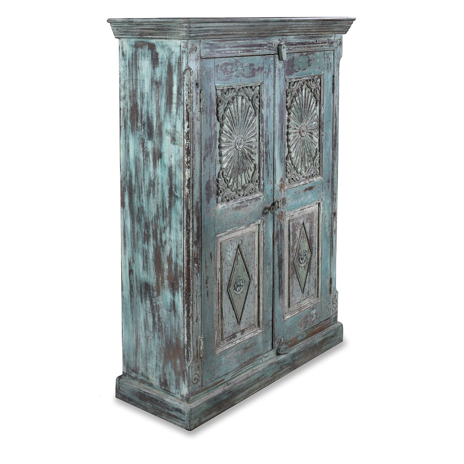 Painted Indian Almirah Cabinet With Sunburst Panels - 19th Century