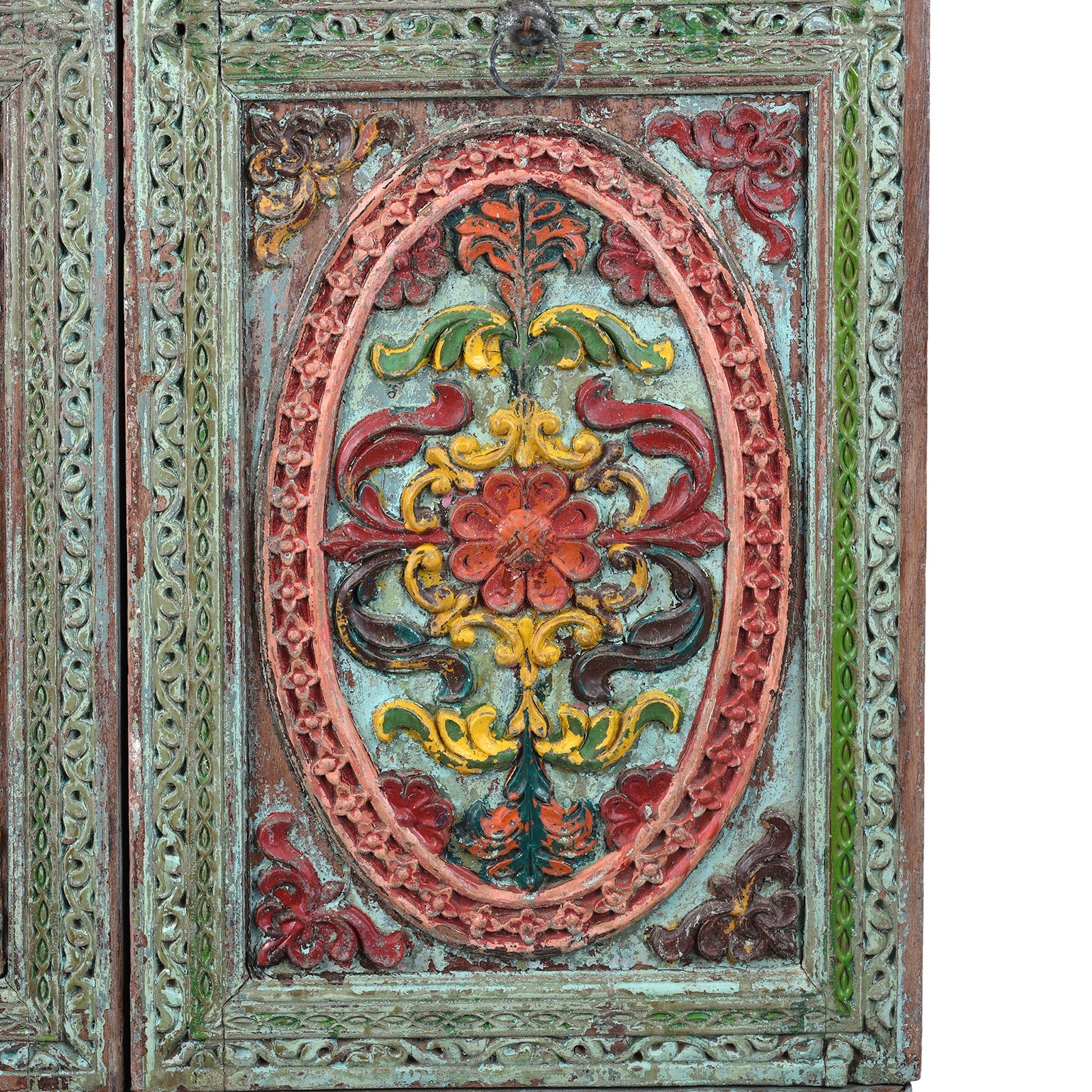 Painted Teak Almirah Cabinet With Carved Panels - Early 19th Century