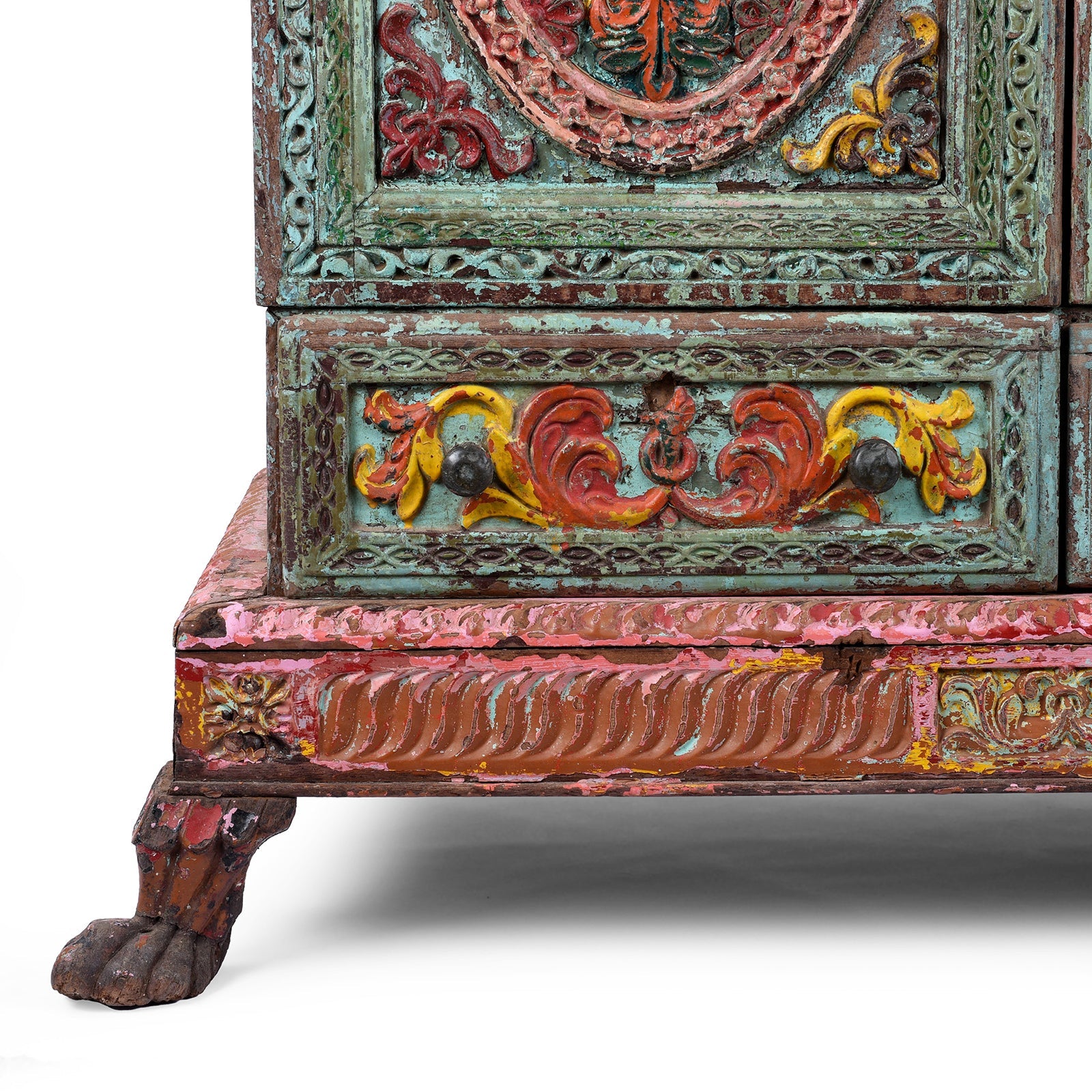 Painted Teak Almirah Cabinet With Carved Panels - Early 19th Century