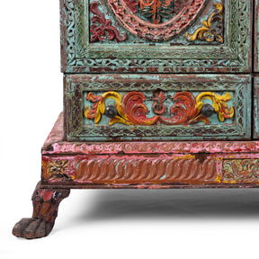Painted Teak Almirah Cabinet With Carved Panels - Early 19th Century