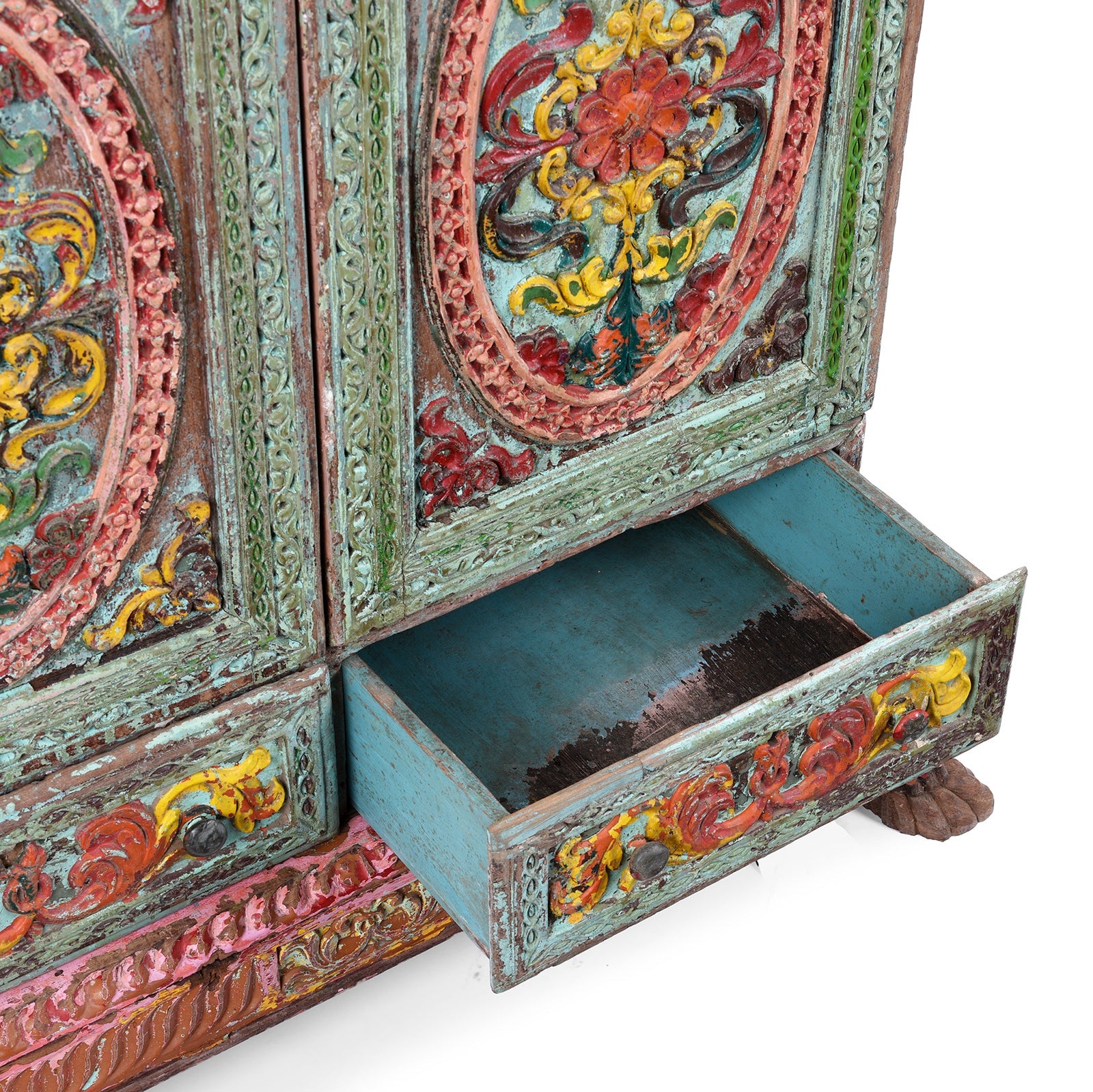 Painted Teak Almirah Cabinet With Carved Panels - Early 19th Century