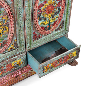 Painted Teak Almirah Cabinet With Carved Panels - Early 19th Century
