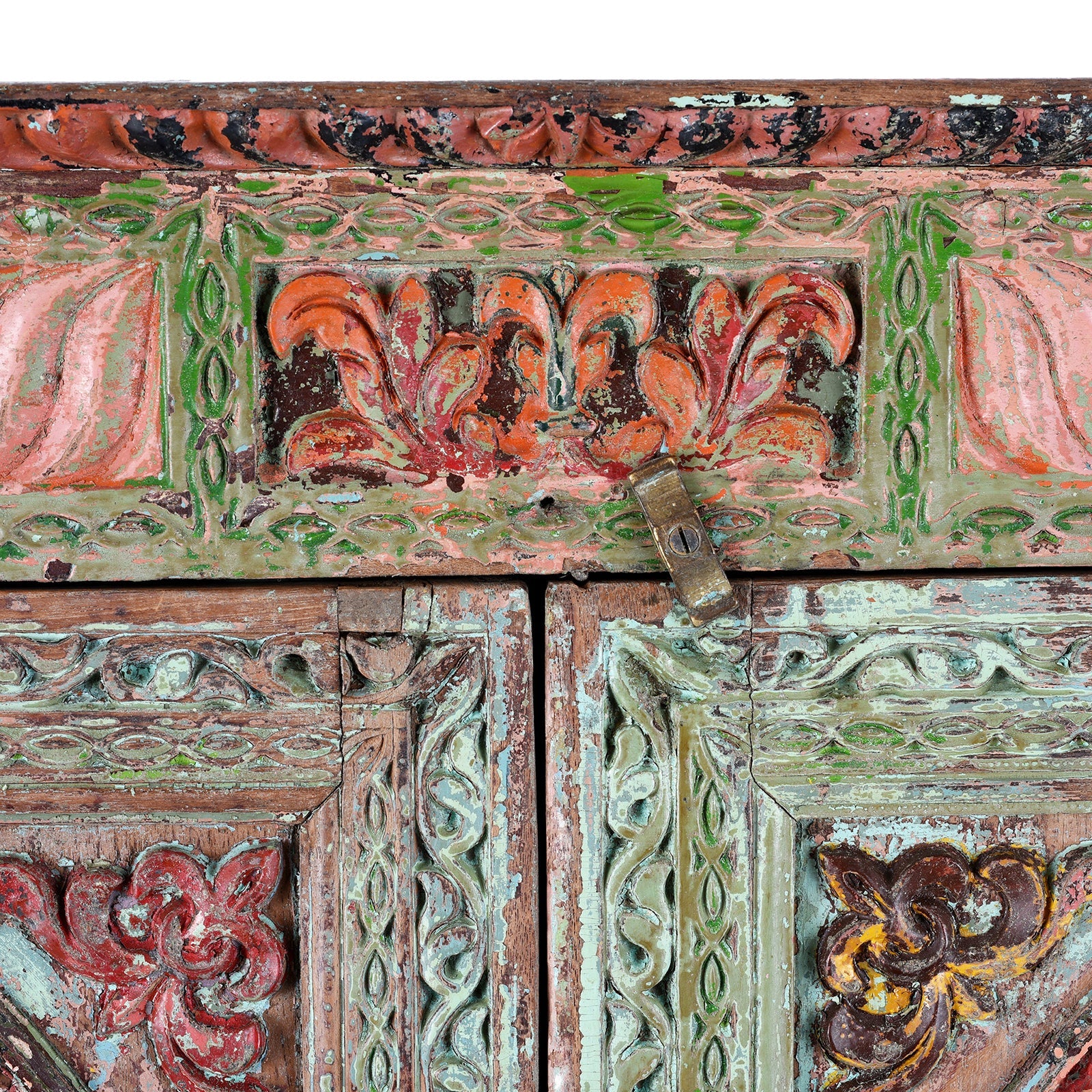 Painted Teak Almirah Cabinet With Carved Panels - Early 19th Century
