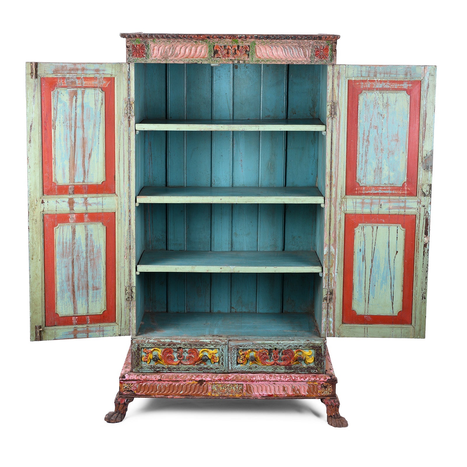 Painted Teak Almirah Cabinet With Carved Panels - Early 19th Century