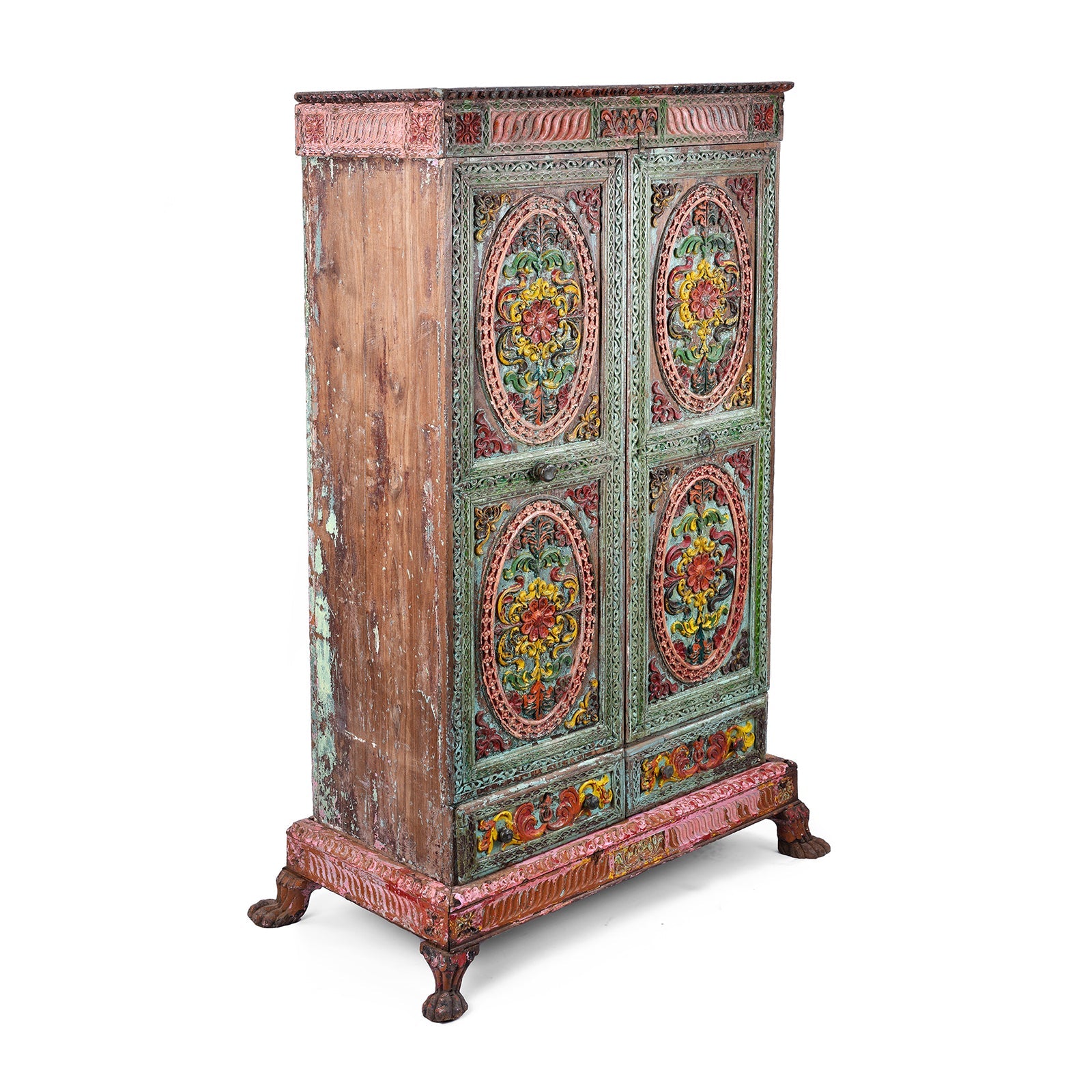 Painted Teak Almirah Cabinet With Carved Panels - Early 19th Century
