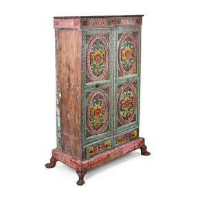 Painted Teak Almirah Cabinet With Carved Panels - Early 19th Century