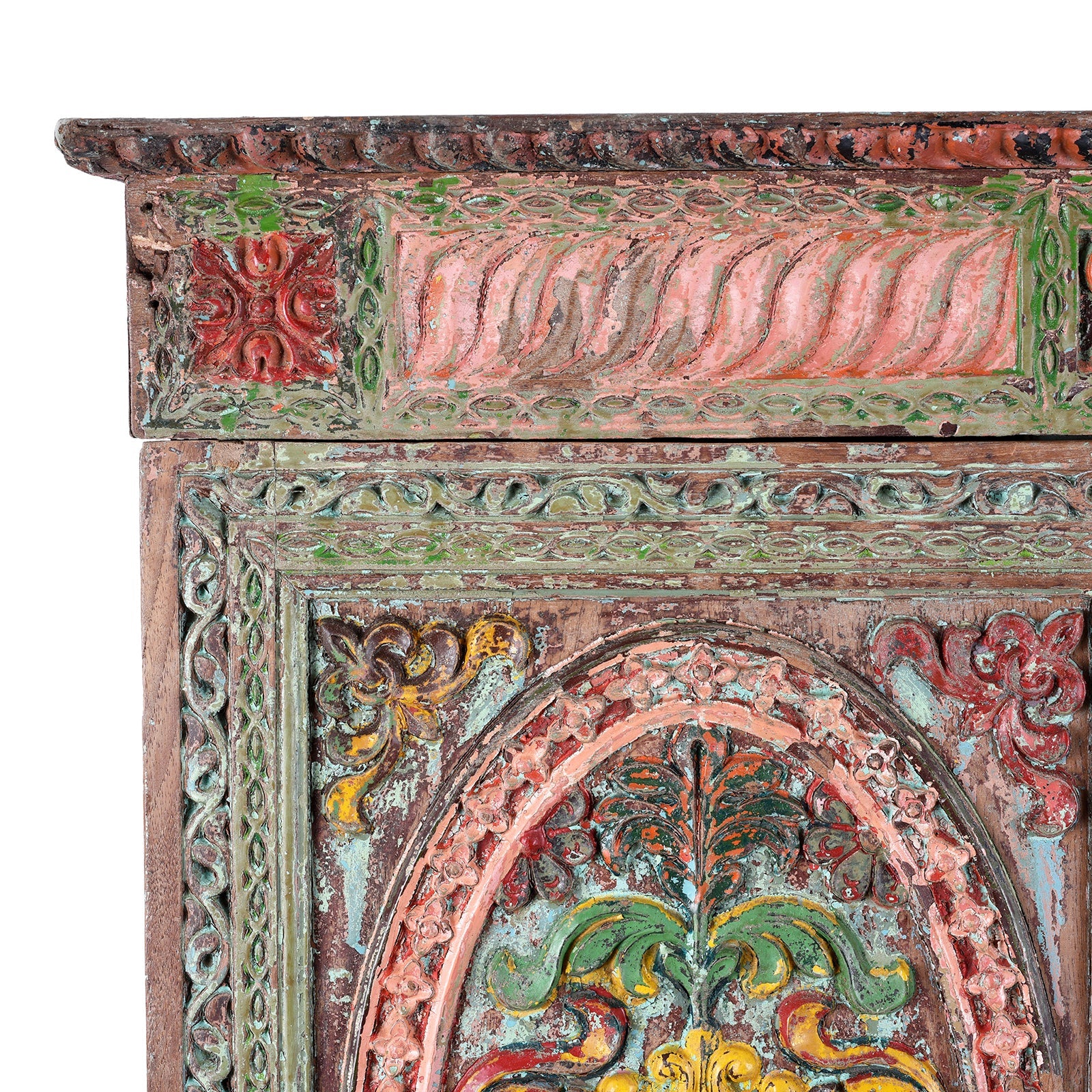 Painted Teak Almirah Cabinet With Carved Panels - Early 19th Century