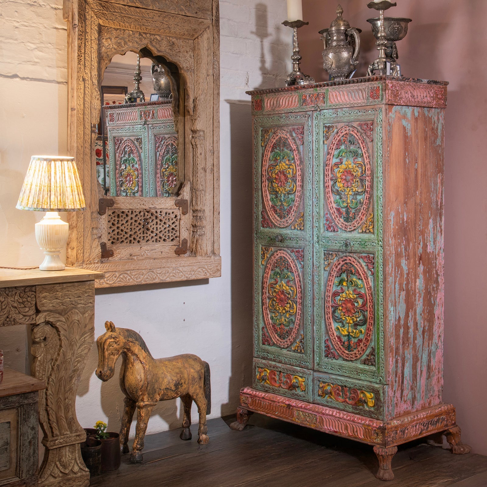 Painted Teak Almirah Cabinet With Carved Panels - Early 19th Century