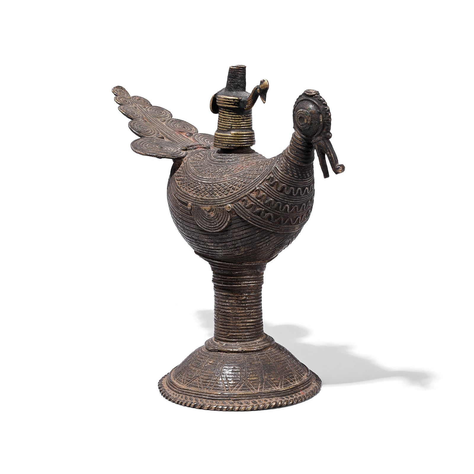 Brass Dhokra Peacock Oil Lamp From Orissa - Ca 1920