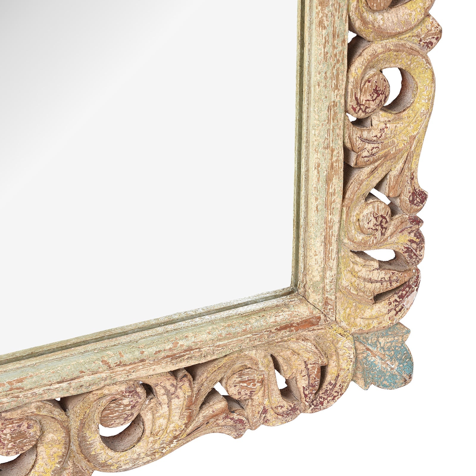 Carved Mango Mirror - Painted Yellow + Blue Frame