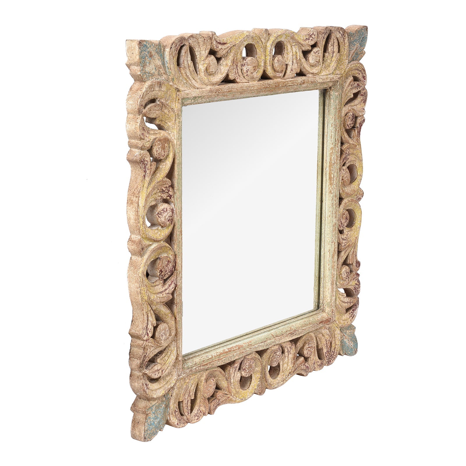 Carved Mango Mirror - Painted Yellow + Blue Frame