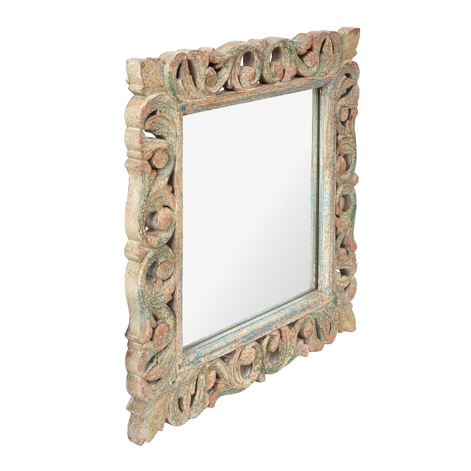 Carved Mango Mirror - Painted Yellow + Blue Frame