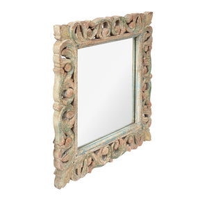 Carved Mango Mirror - Painted Yellow + Blue Frame