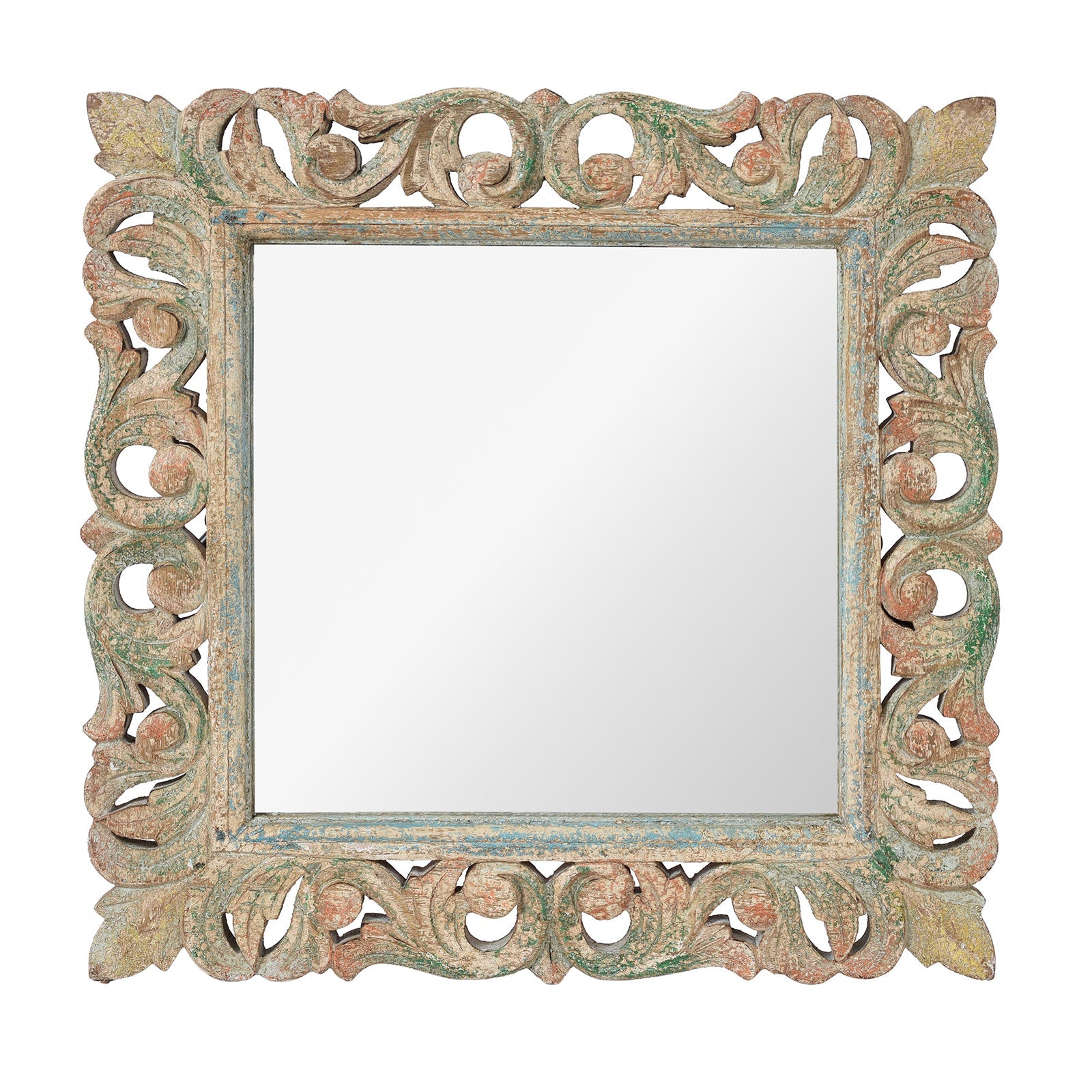 Carved Mango Mirror - Painted Yellow + Blue Frame