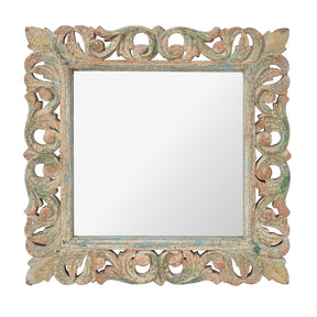 Carved Mango Mirror - Painted Yellow + Blue Frame