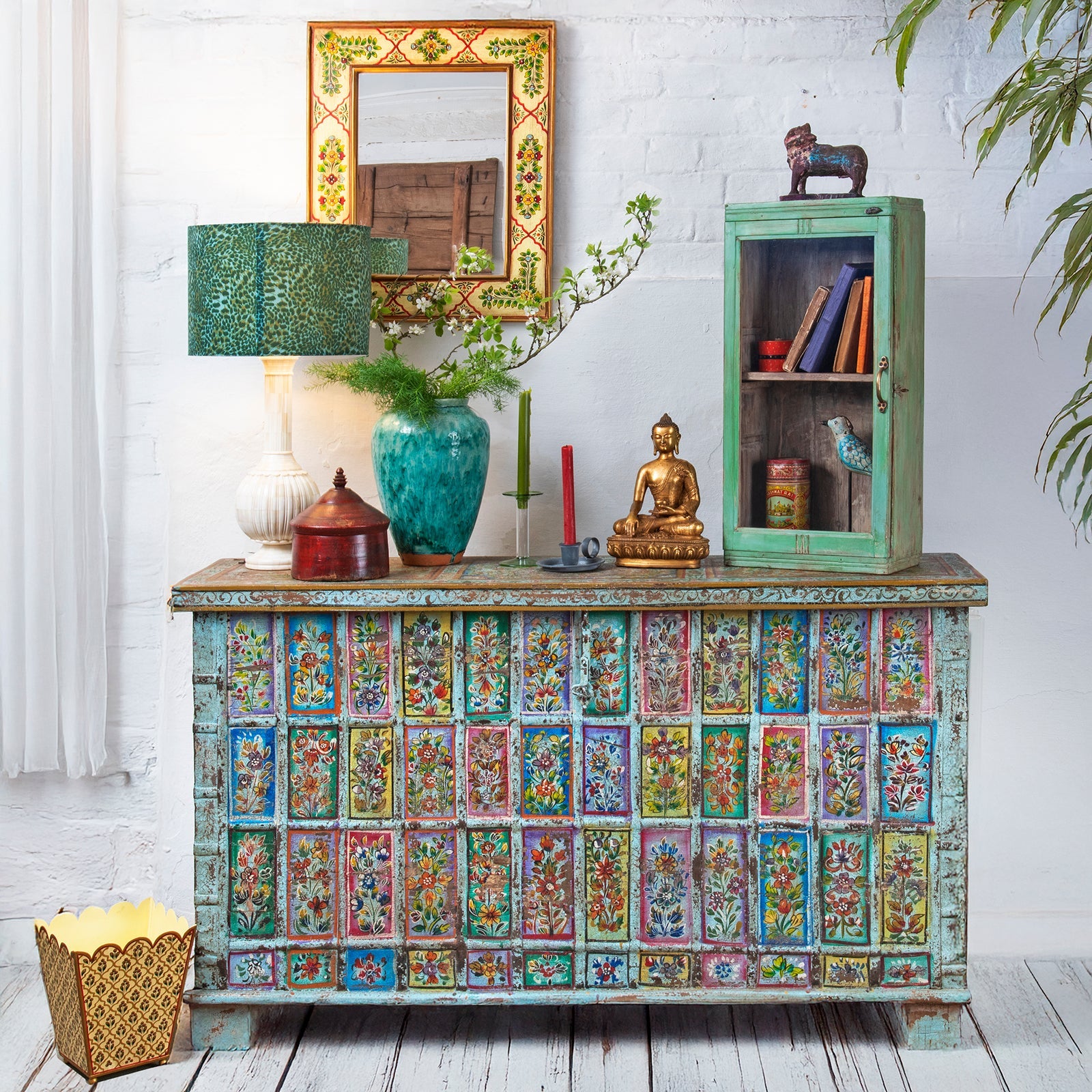 Vintage Painted Indian Pithara Console Chest