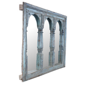 Blue Painted Large Triple Mirror From Madyha Pradesh - 19th Century