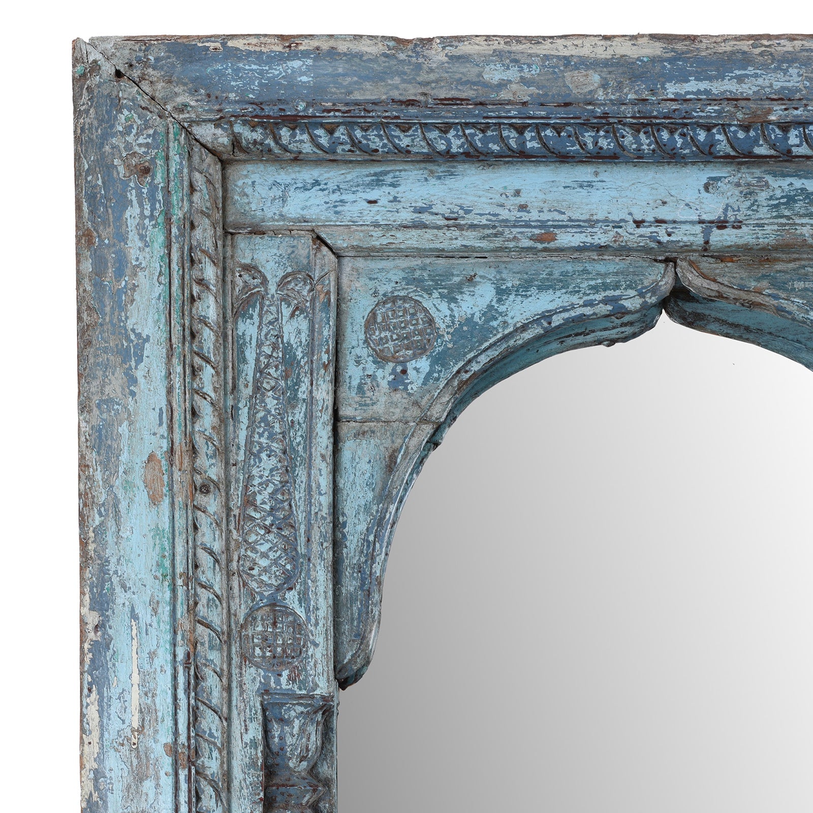 Blue Painted Large Triple Mirror From Madyha Pradesh - 19th Century