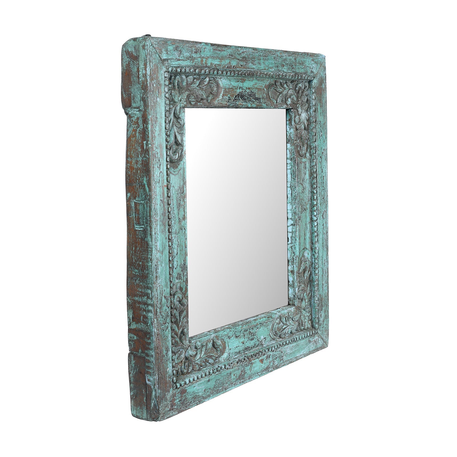 Green Painted Square Teak Mirror - 19th Century