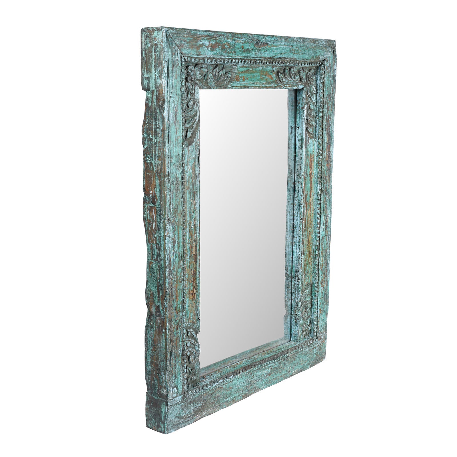 Green Painted Square Teak Mirror - 19th Century