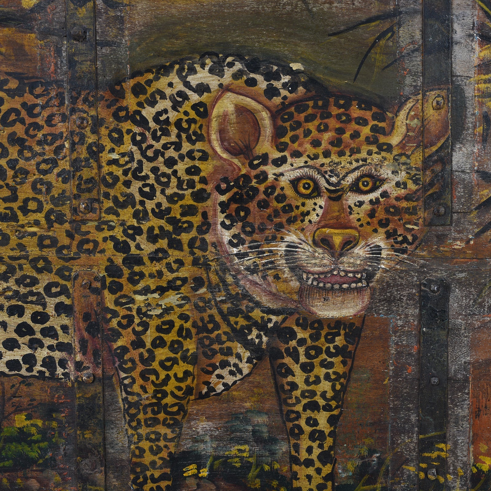 Indian Leopard Painting On A Teak Panel