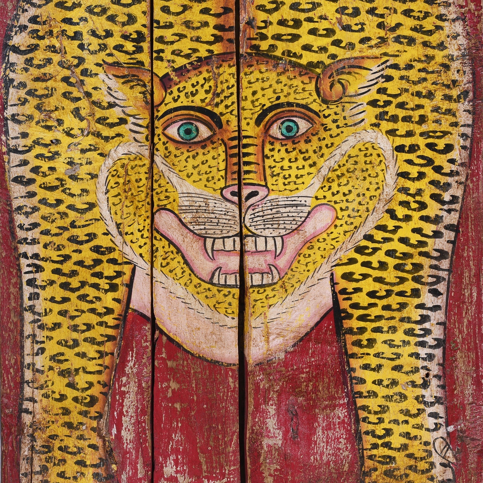 Indian Red Painted Leopard Door Panel