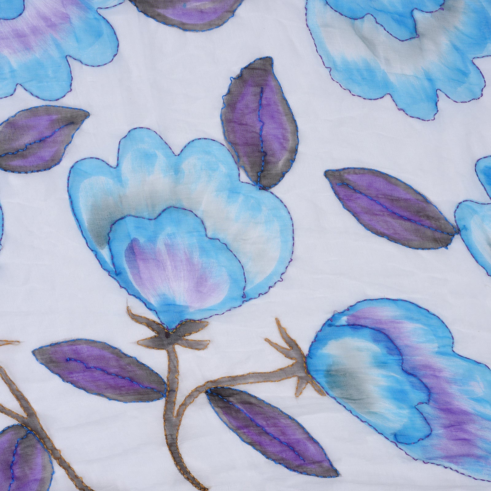 Hand Painted & Hand Embroidered Floral Shawl - Sarong - Aqua/White field 100% Modal