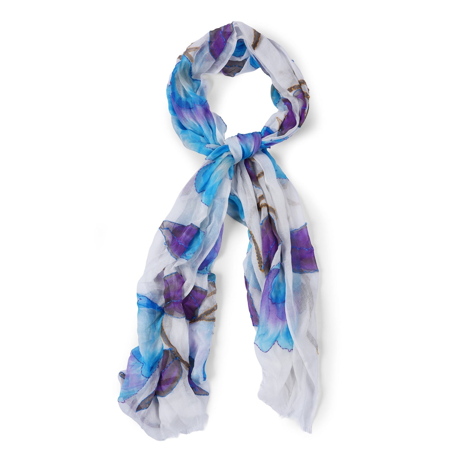 Hand Painted & Hand Embroidered Floral Shawl - Sarong - Aqua/White field 100% Modal