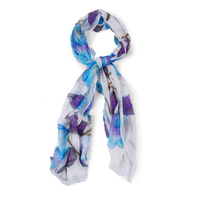 Hand Painted & Hand Embroidered Floral Shawl - Sarong - Aqua/White field 100% Modal