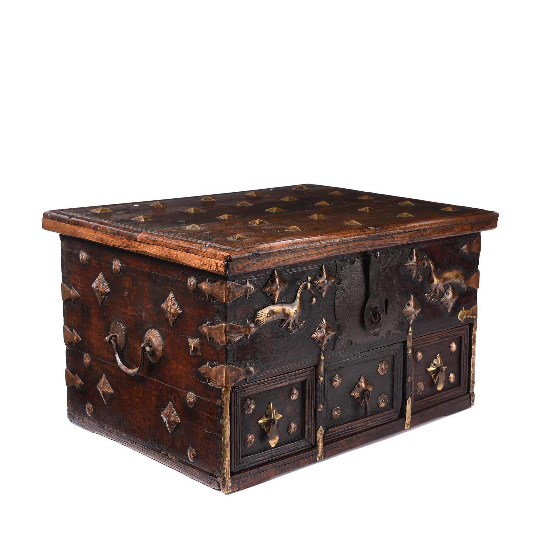 Rosewood Jewellery Box With Brass Peacocks - 19thC