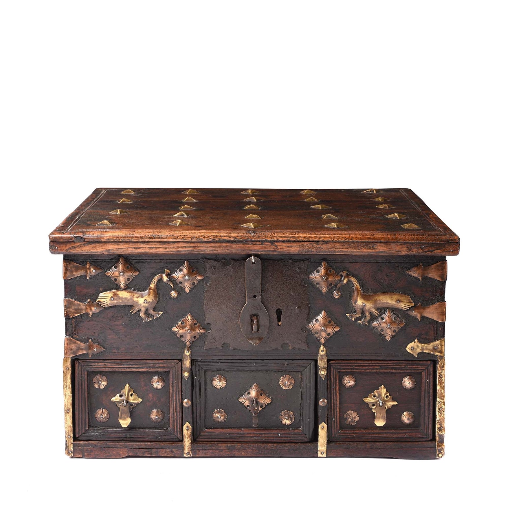 Rosewood Jewellery Box With Brass Peacocks - 19thC