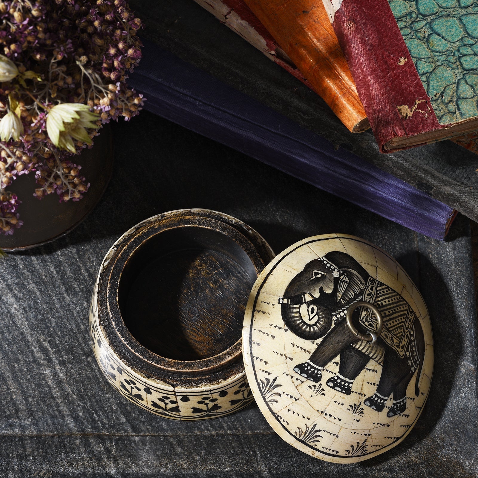 Round Inlay Trinket Box - Elephant Design