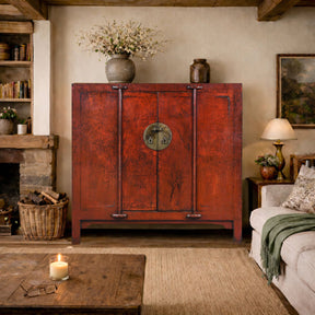 Red Lacquer Wedding Cabinet From Shanxi  -19th Century