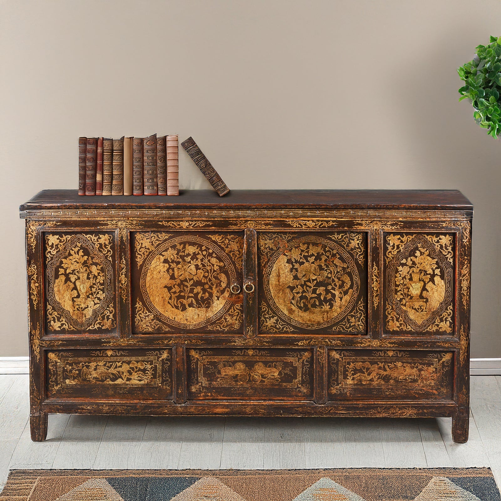 Black & Gold Painted Tibetan Altar Cabinet - 19th Century