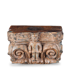 Carved Teak Capitol Candlestand From Gujarat - Late 19th Century