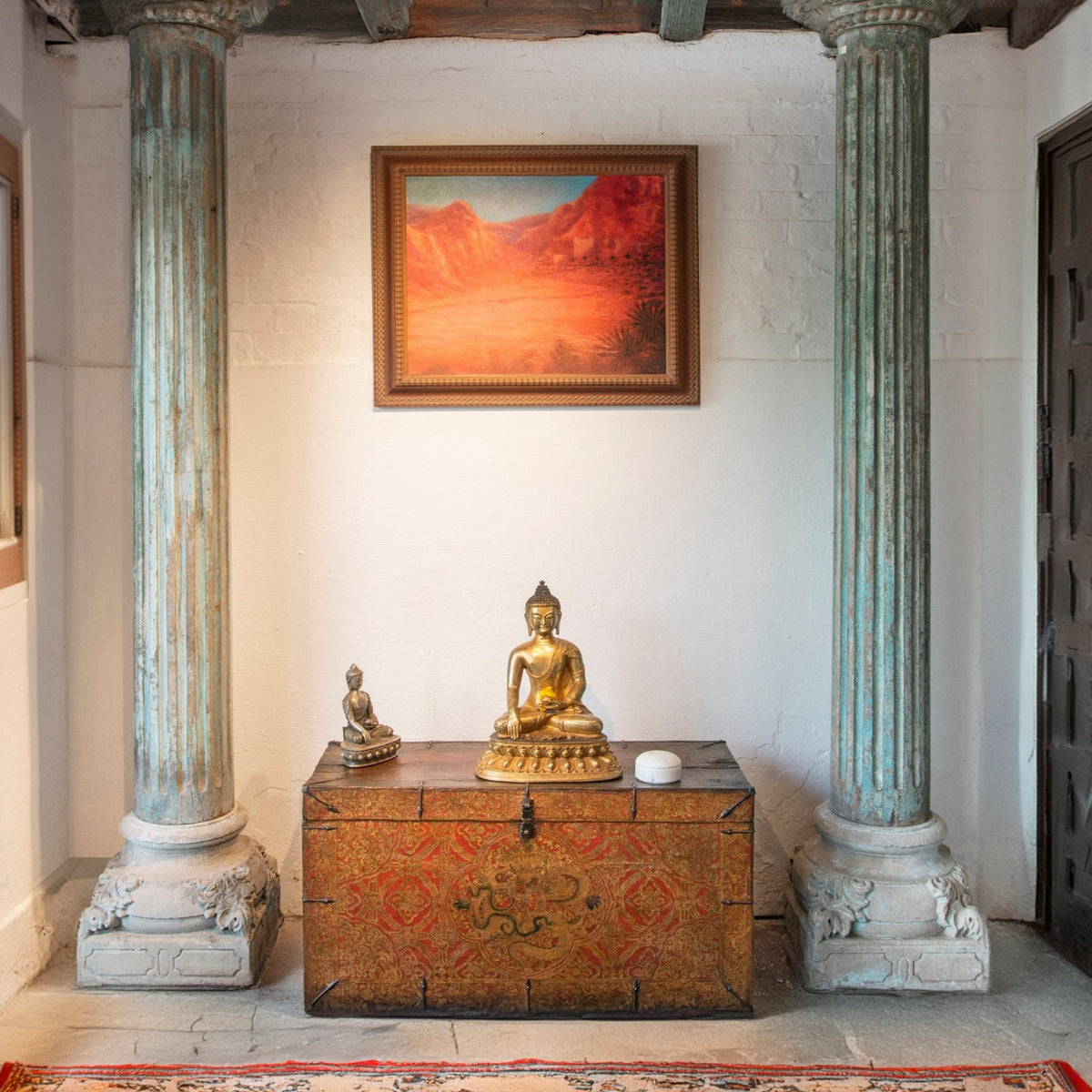 A Pair of Painted Teak Pillars with Original Stone Bases - 19thC