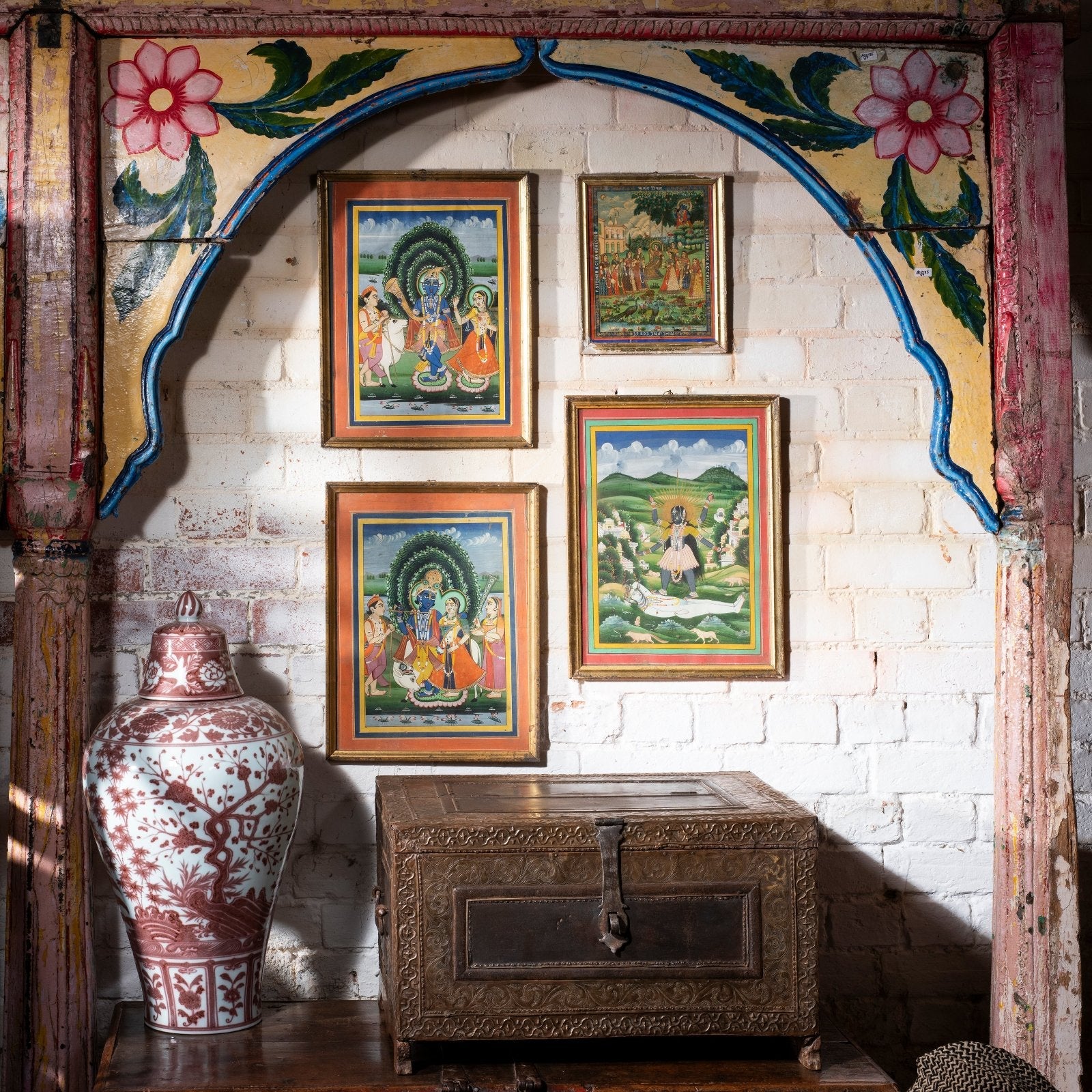 Painted Teak Double Arch From Maharashtra - 19th Century