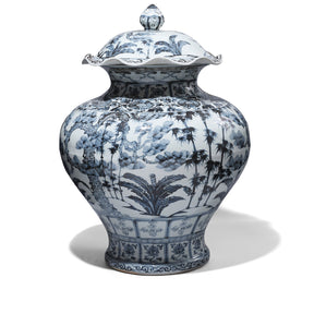 Blue & White Porcelain Frilled Temple Jar With Lid