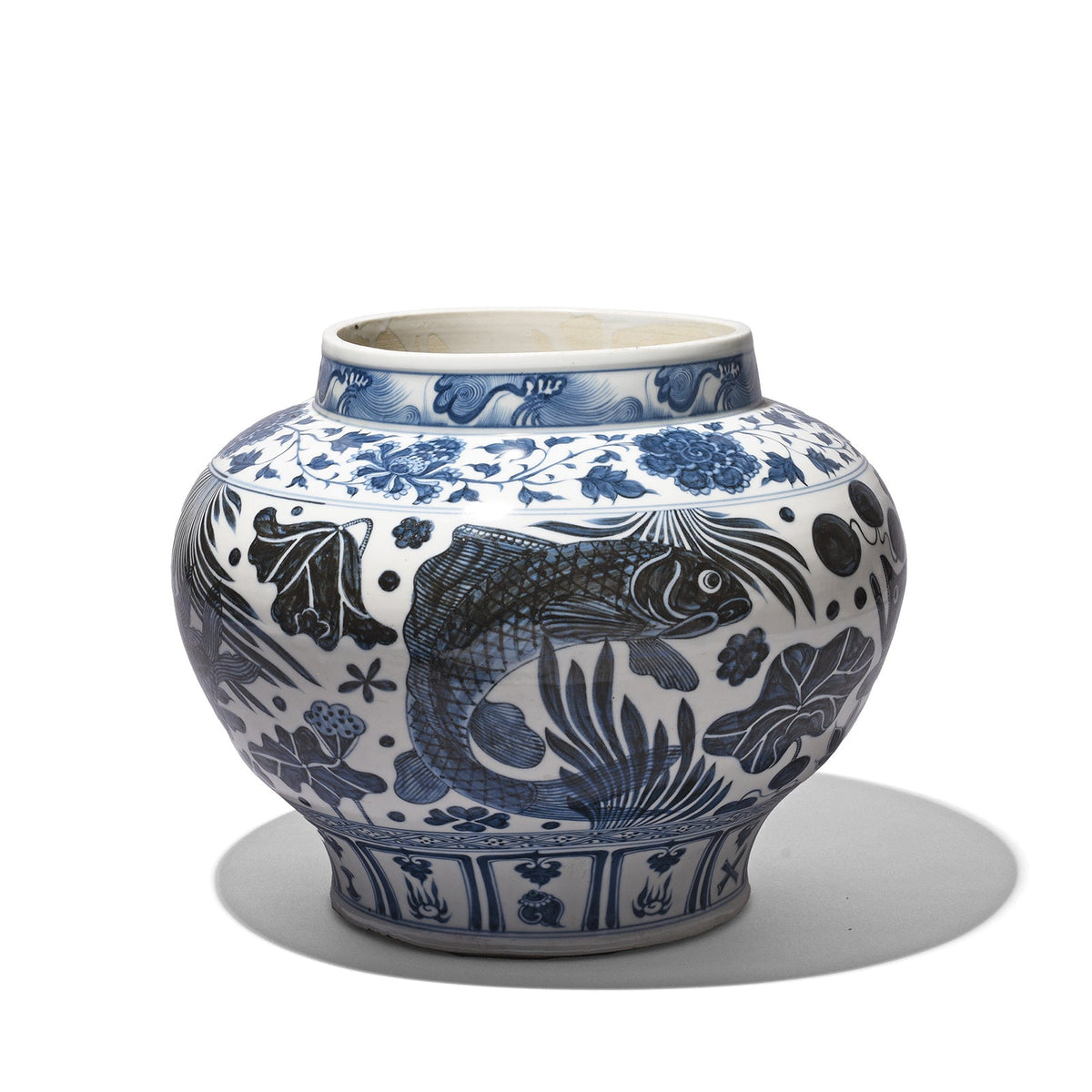 Blue & White Porcelain Jardinière - Fish Design