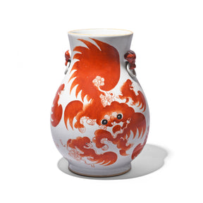 Coral Red Porcelain Vase - Snow Lion