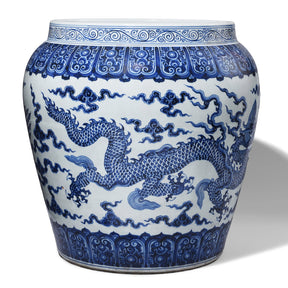 Large Blue & White Porcelain Planter - Dragon