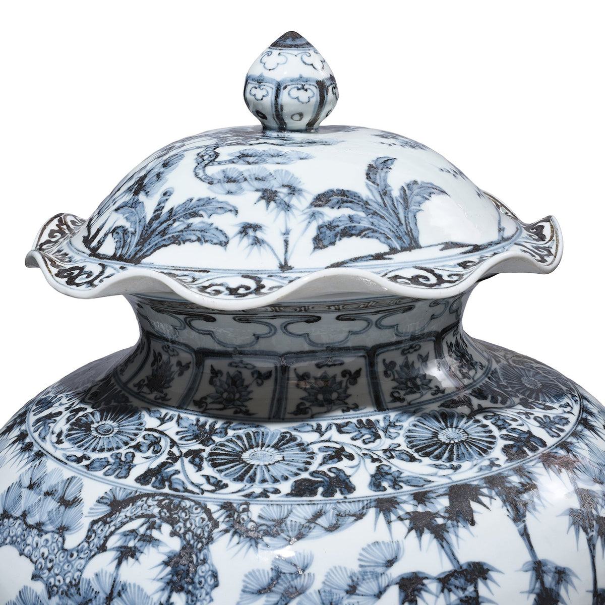 Blue & White Porcelain Frilled Temple Jar With Lid
