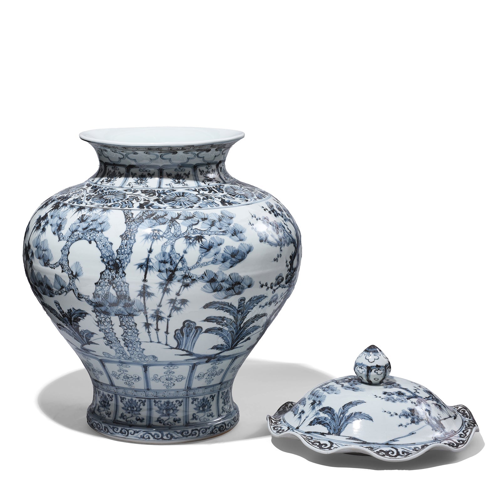 Blue & White Porcelain Frilled Temple Jar With Lid