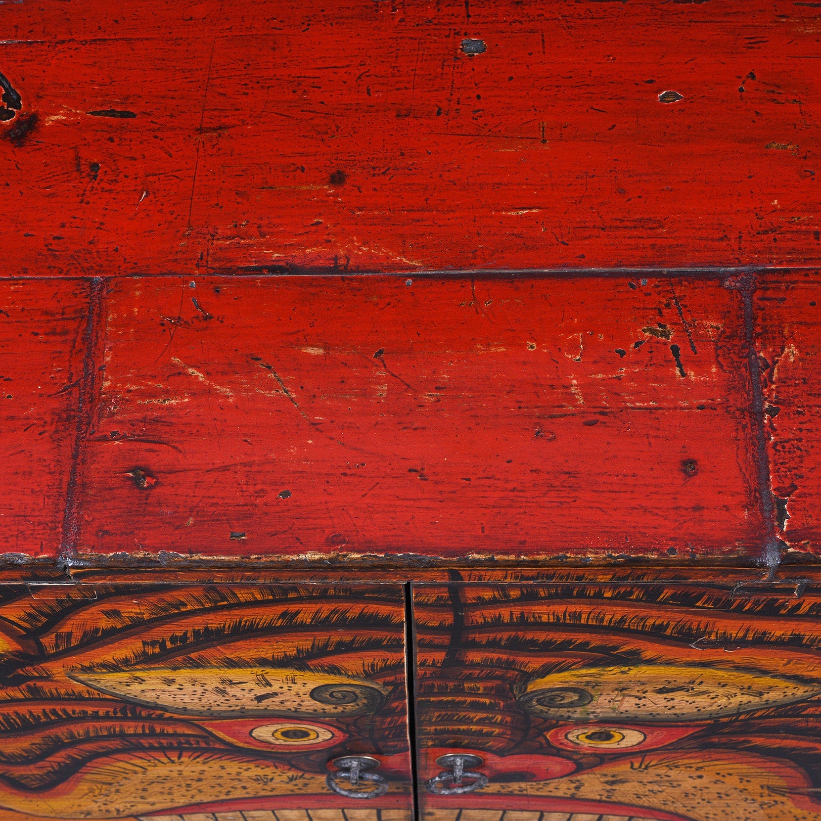 Painted Tiger Cabinet From Qinghai - 19th Century