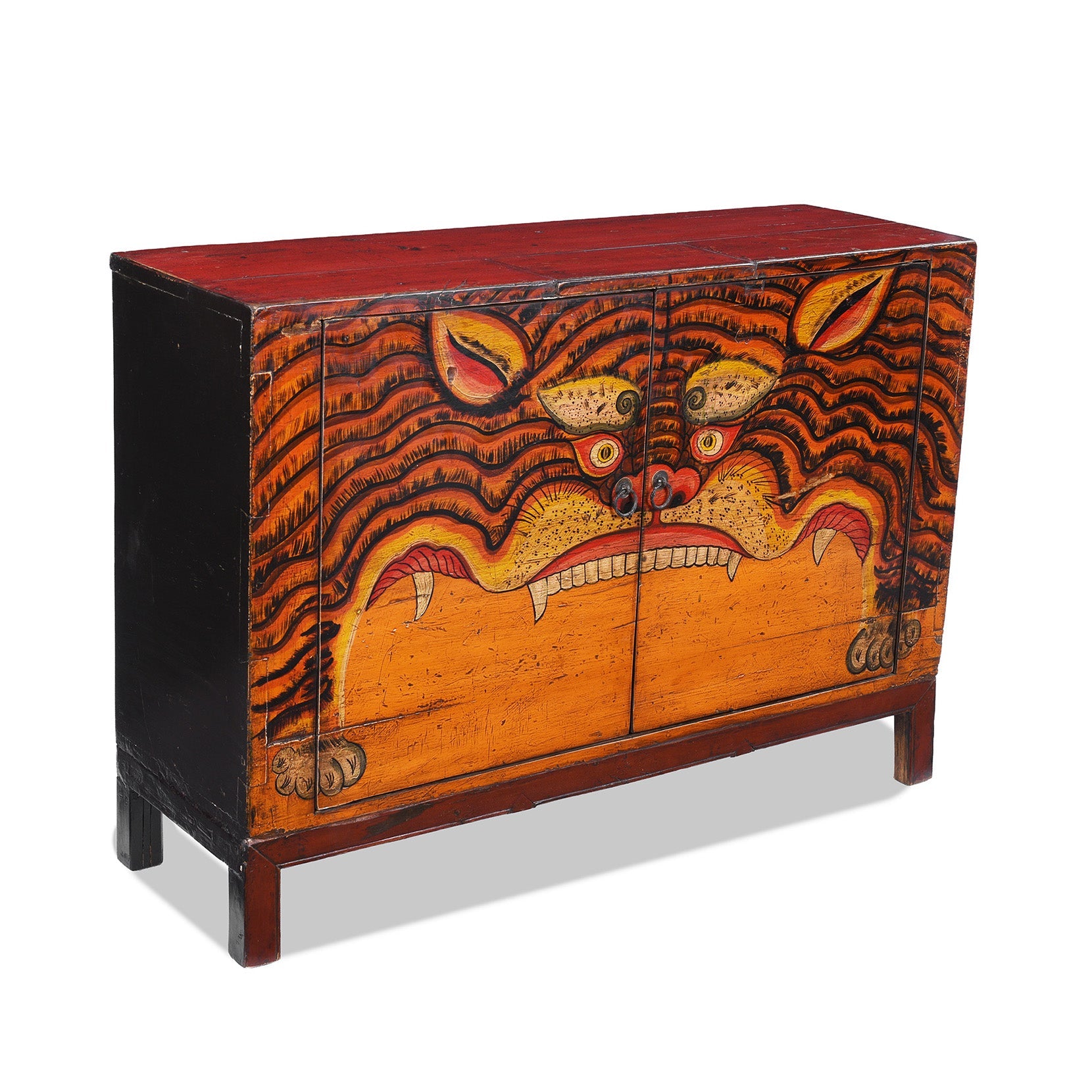 Painted Tiger Cabinet From Qinghai - 19th Century