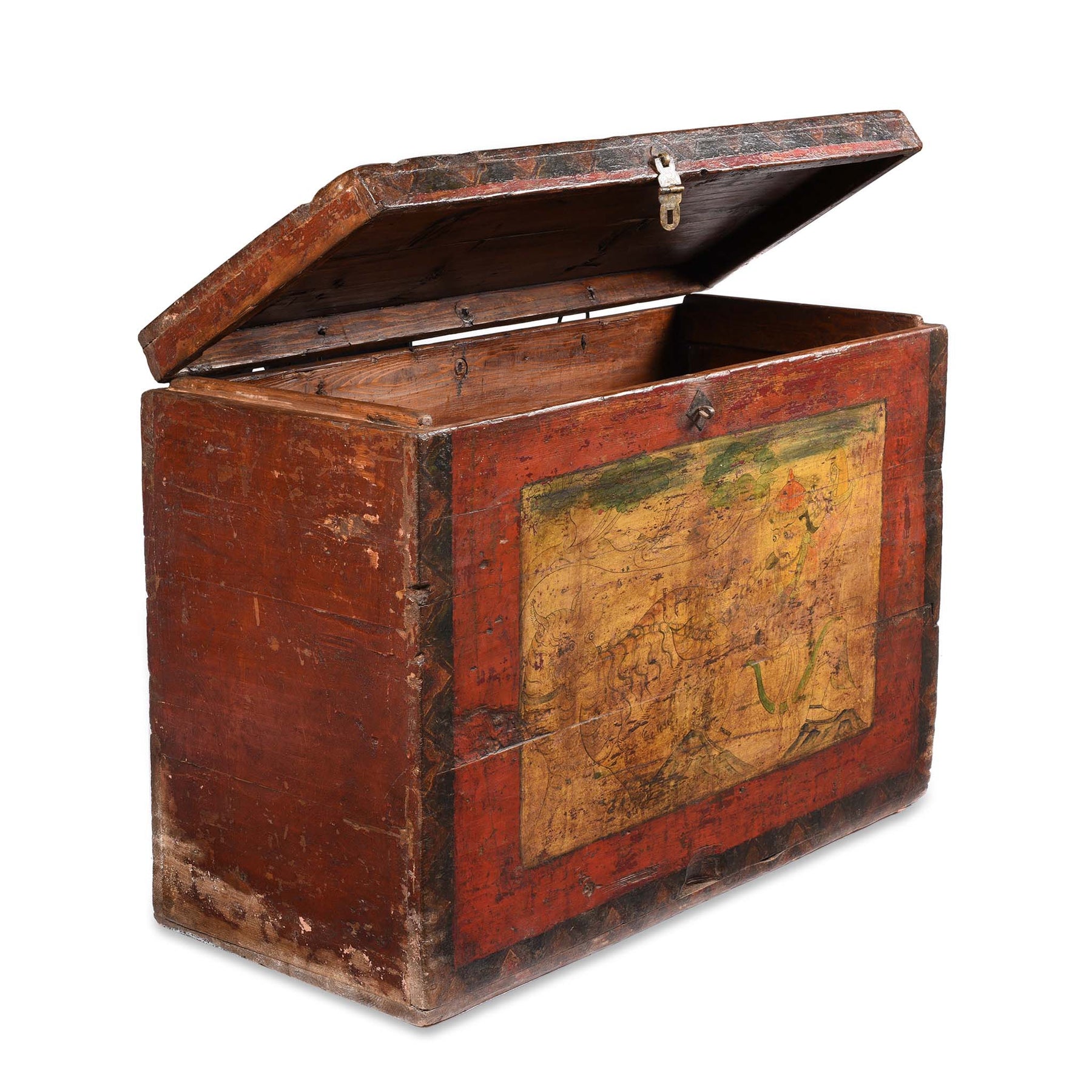 Tibetan Painted Chest of Güsh Khaan With Tiger - Late 18th Century